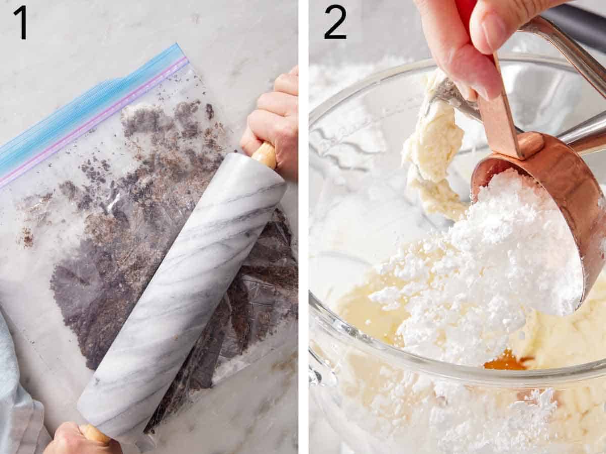 Set of two photos showing Oreo cookies crushed with a rolling pin in a ziptop bag and powdered sugar added to a mixer.