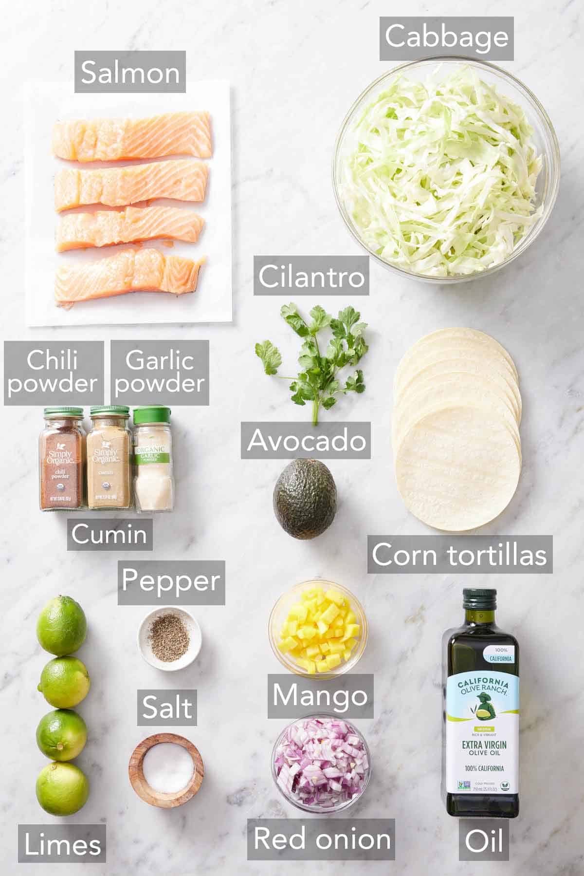 Ingredients needed to make salmon tacos.