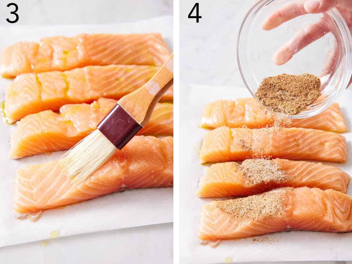 Set of two photos showing oil brushed onto salmon fillets and seasoning poured on top.