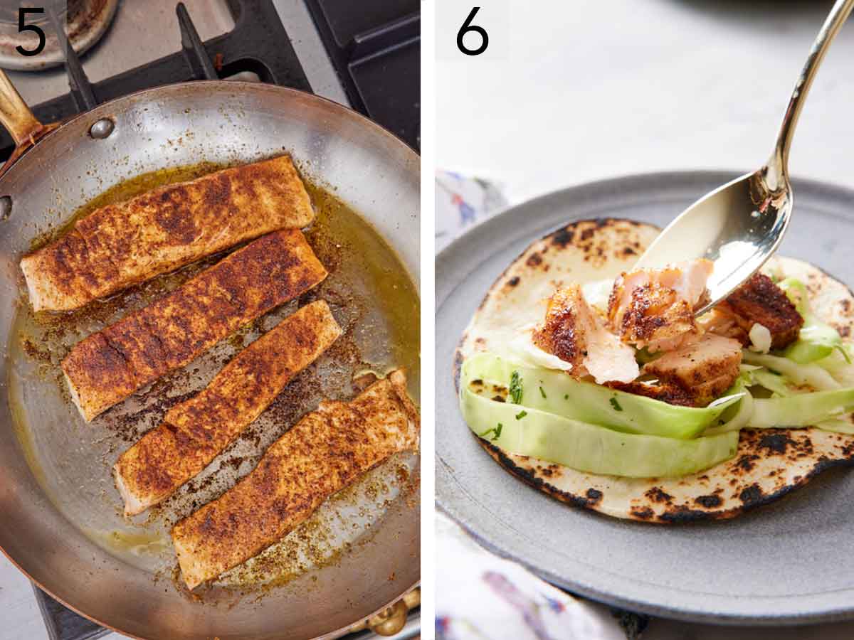 Set of two photos showing salmon pan seared and then added to a corn tortilla with the cabbage mixture.