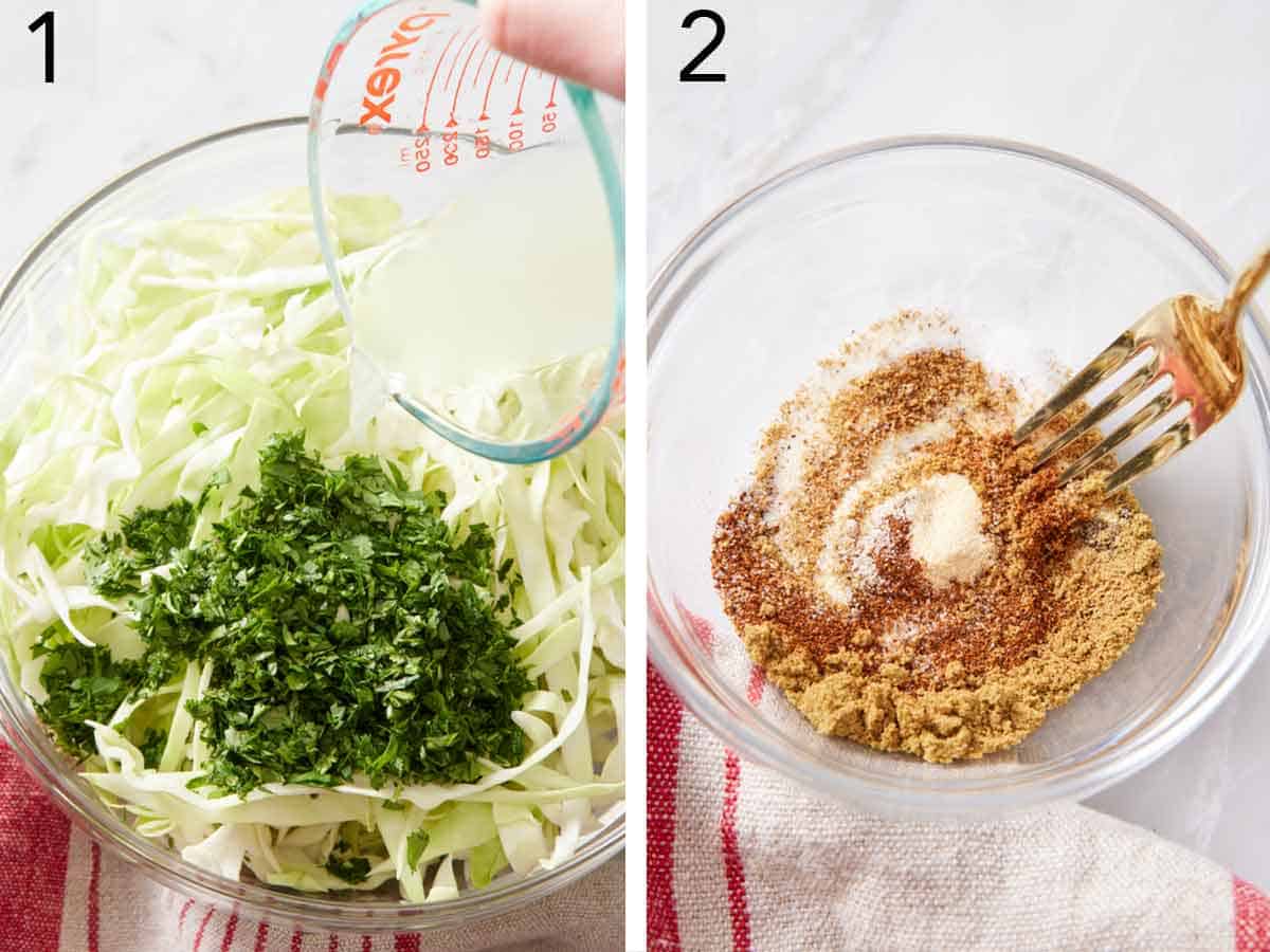 Set of two photos showing lime juice added to a bowl of cilantro and cabbage and seasoning mixed in a bowl.