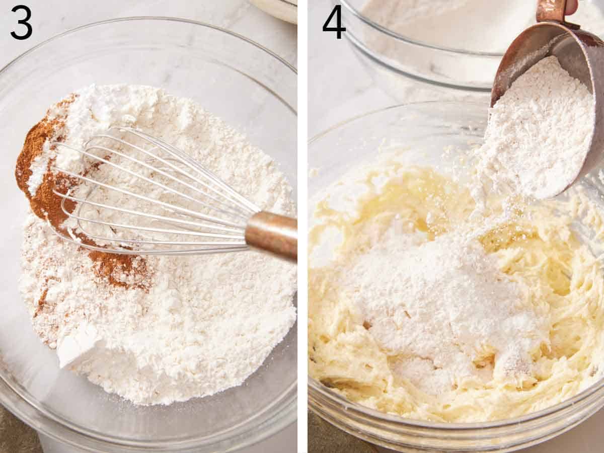 Set of two photos showing dry ingredients whisked and added tot he beaten butter.