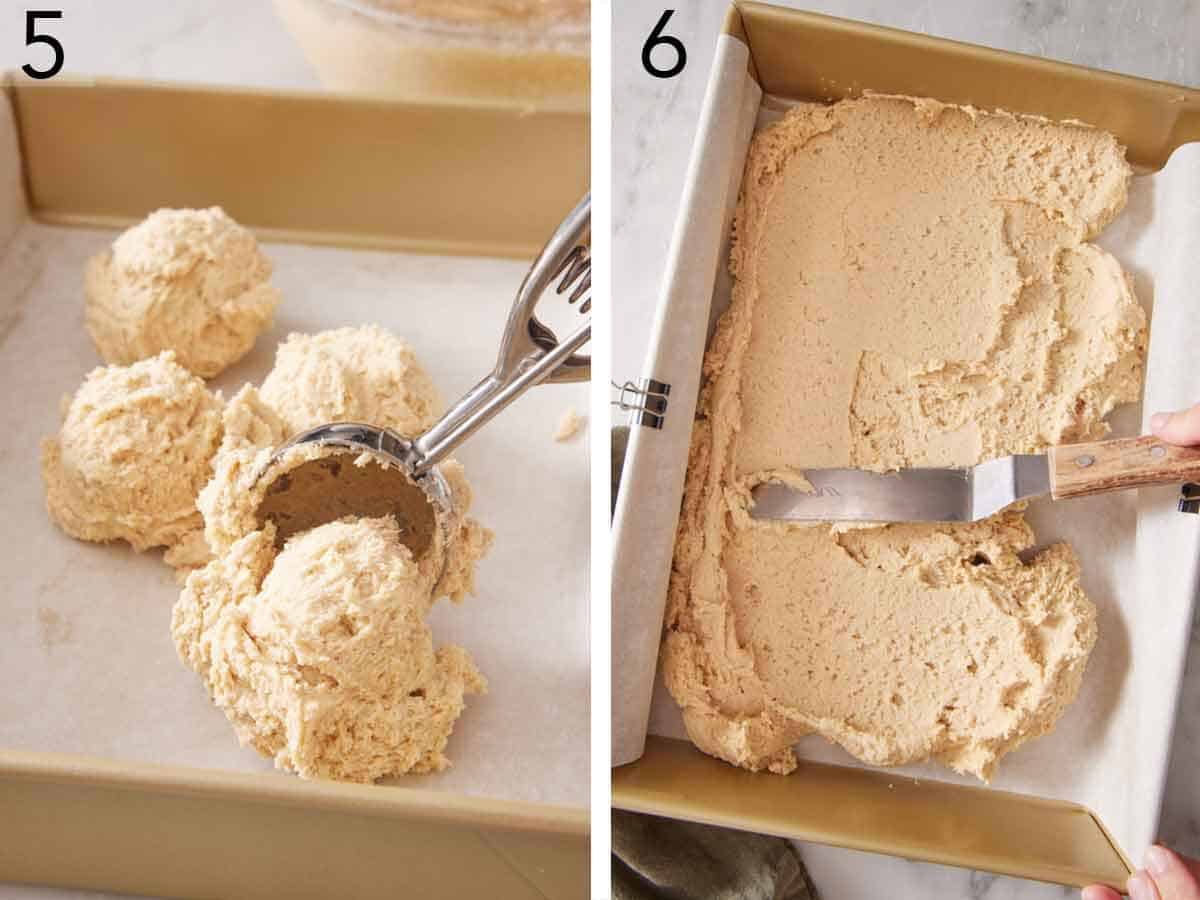 Set of two photos showing batter scooped to a baking dish and spread flat.