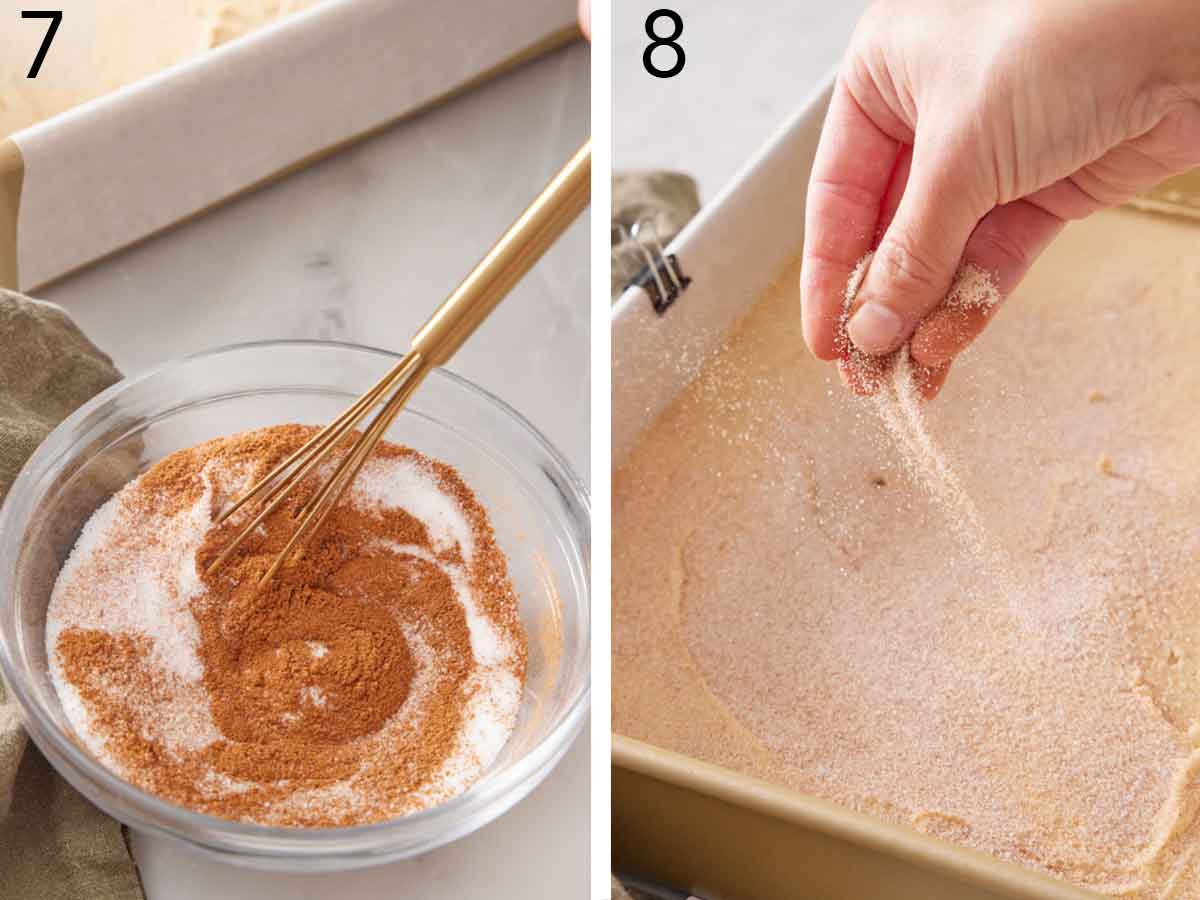 Set of two photos showing cinnamon sugar whisked in a bowl and sprinkled over the batter in the baking pan.