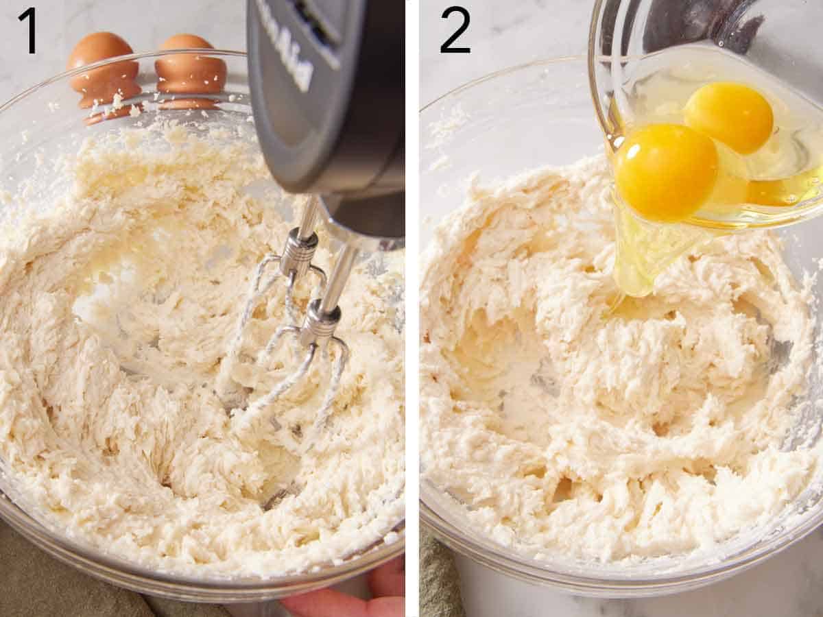 Set of two photos showing butter beaten and eggs added.