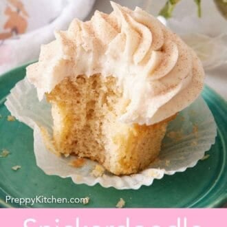 Pinterest graphic of a snickerdoodle cupcake with the liner peeled down and a bite taken out of it.