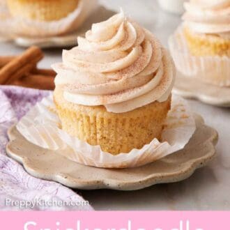 Pinterest graphic of a snickerdoodle cupcake with its liner peeled down on a small plate.