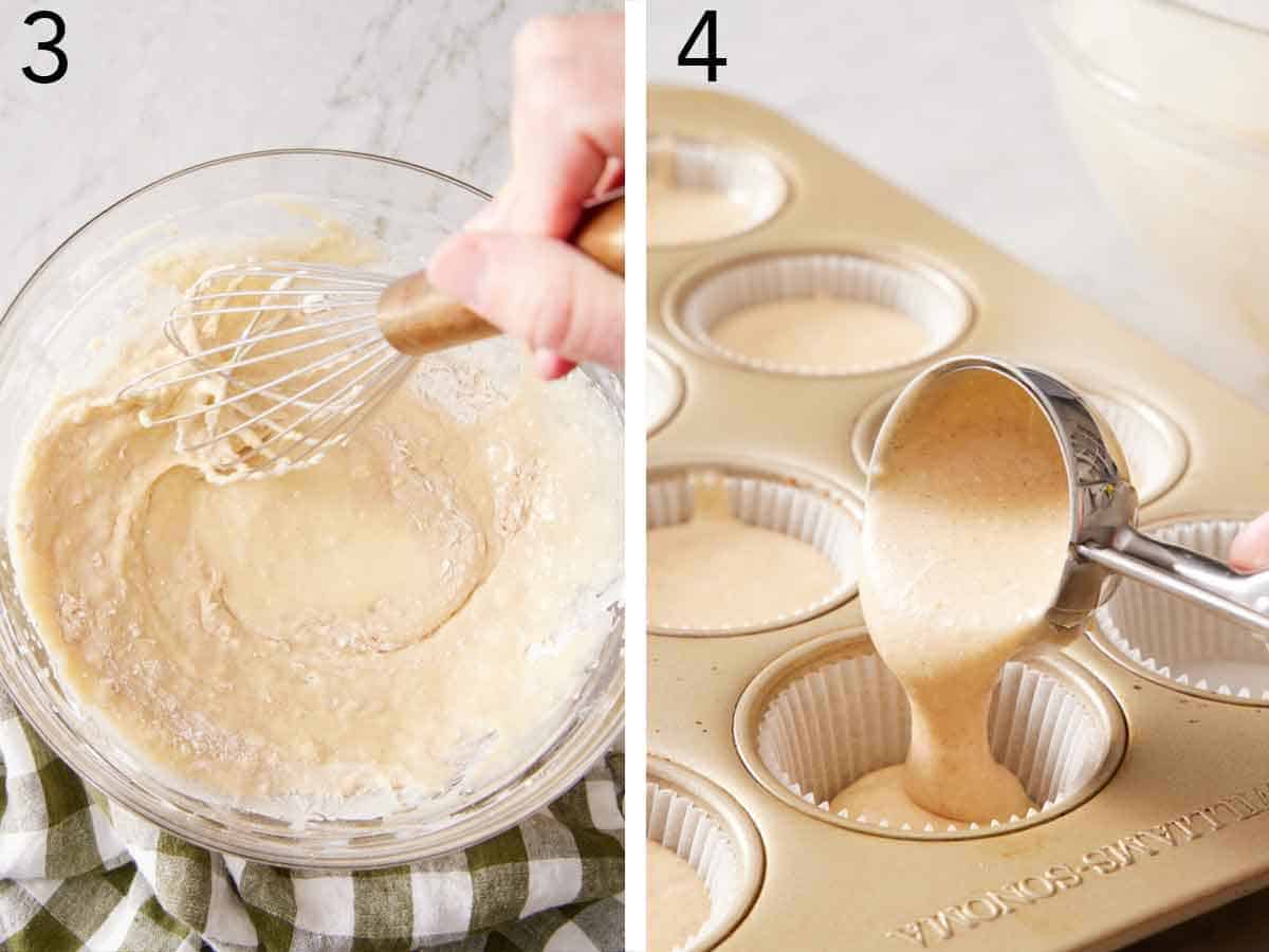 Set of two photos showing wet and dry ingredients mixed together and batter scooped into a lined sheet pan.