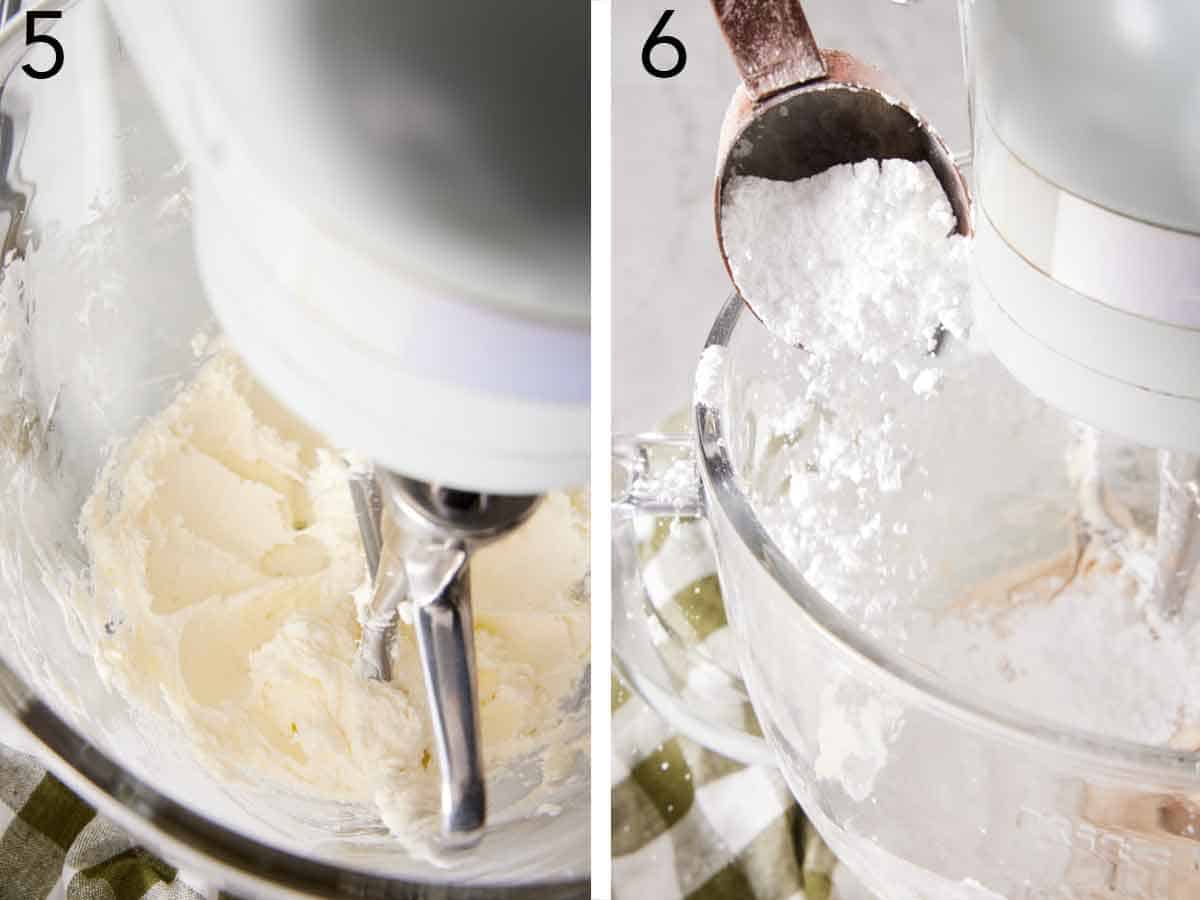 Set of two photos showing cream cheese beaten and powdered sugar added to the mixer.