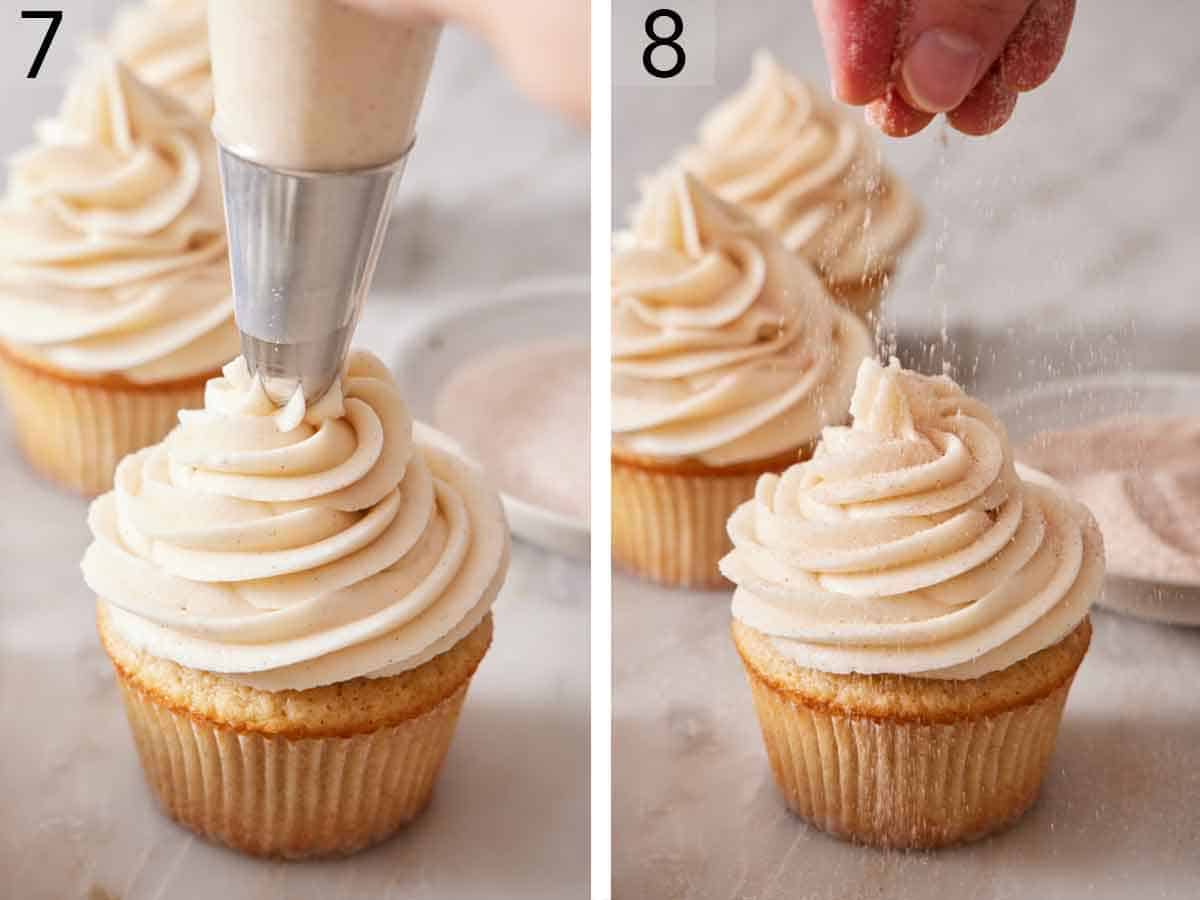 Set of two photos showing frosting piped over a cupcake and cinnamon sugar sprinkled on top.