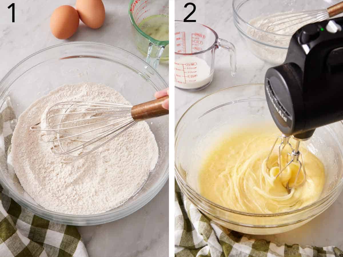 Set of two photos showing dry ingredients whisked together and wet ingredients mixed.