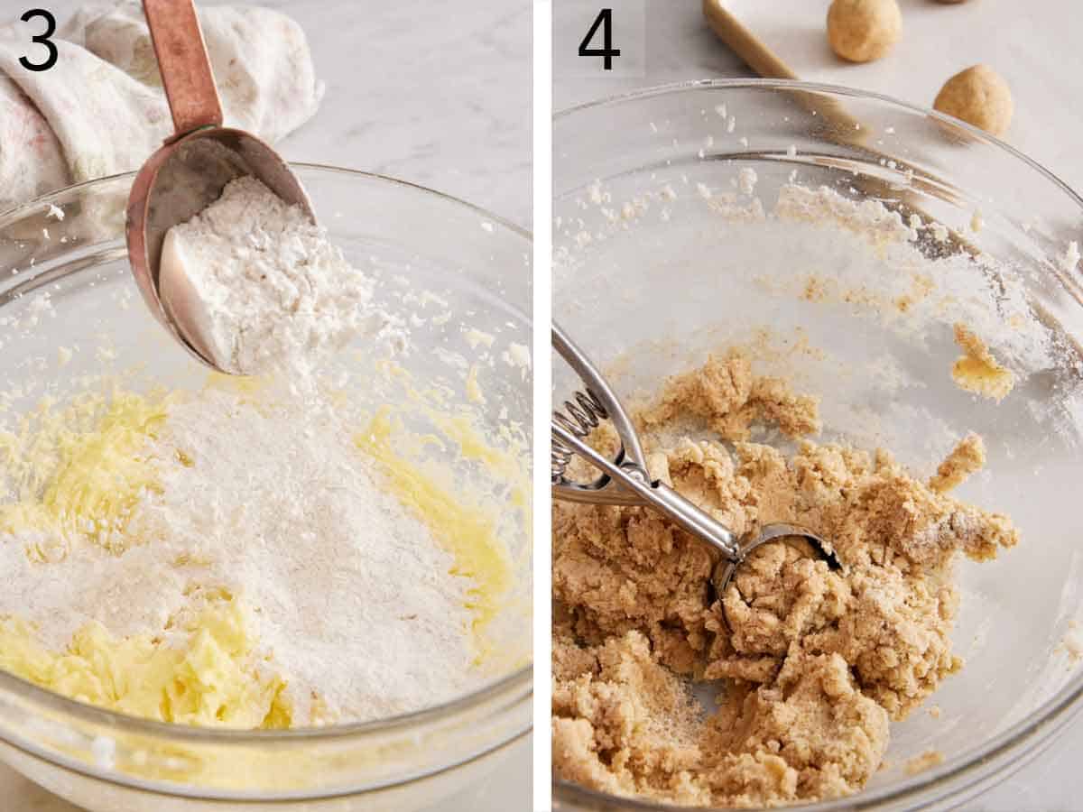 Set of two photos showing dry ingredients added to the beaten butter and batter scooped with a cookie scoop.