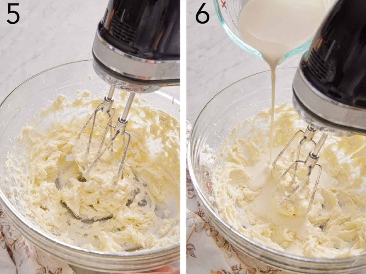 Set of two photos showing mascarpone, cream cheese, confectioners' sugar beaten together and heavy cream drizzled into the mixture.