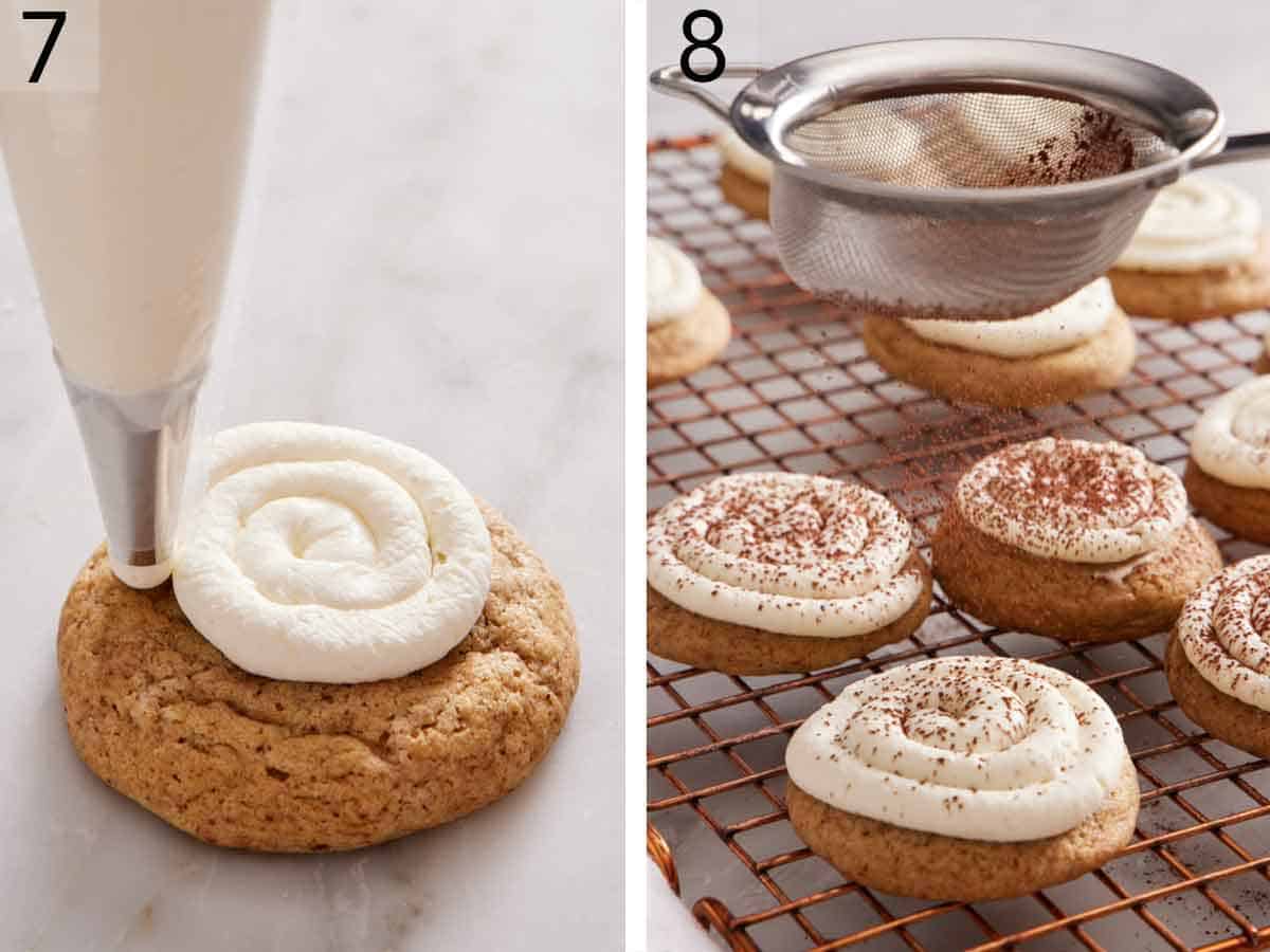 Set of two photos showing mascarpone frosting piped onto a cookie and dusted with cocoa powder.