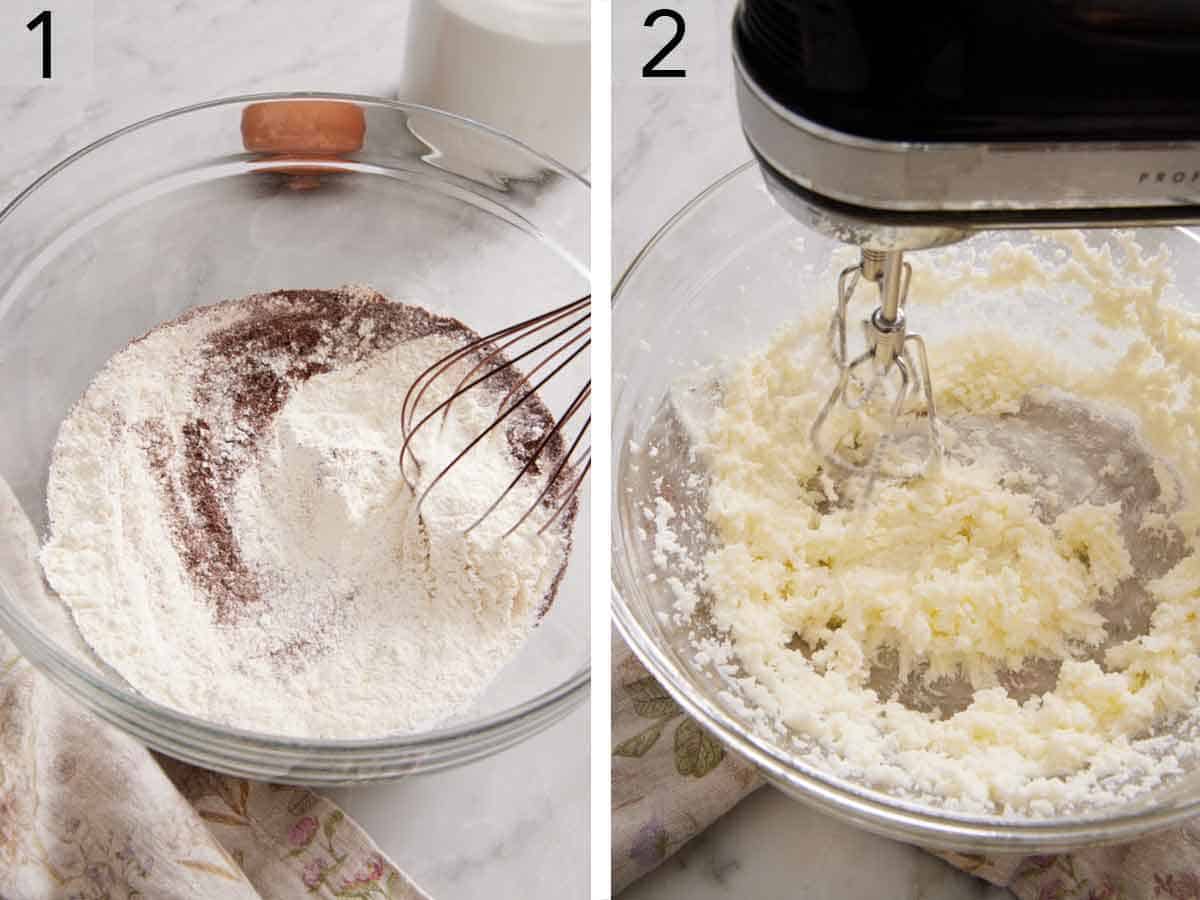 Set of two photos showing dry ingredients whisked together and butter beaten with a mixer.