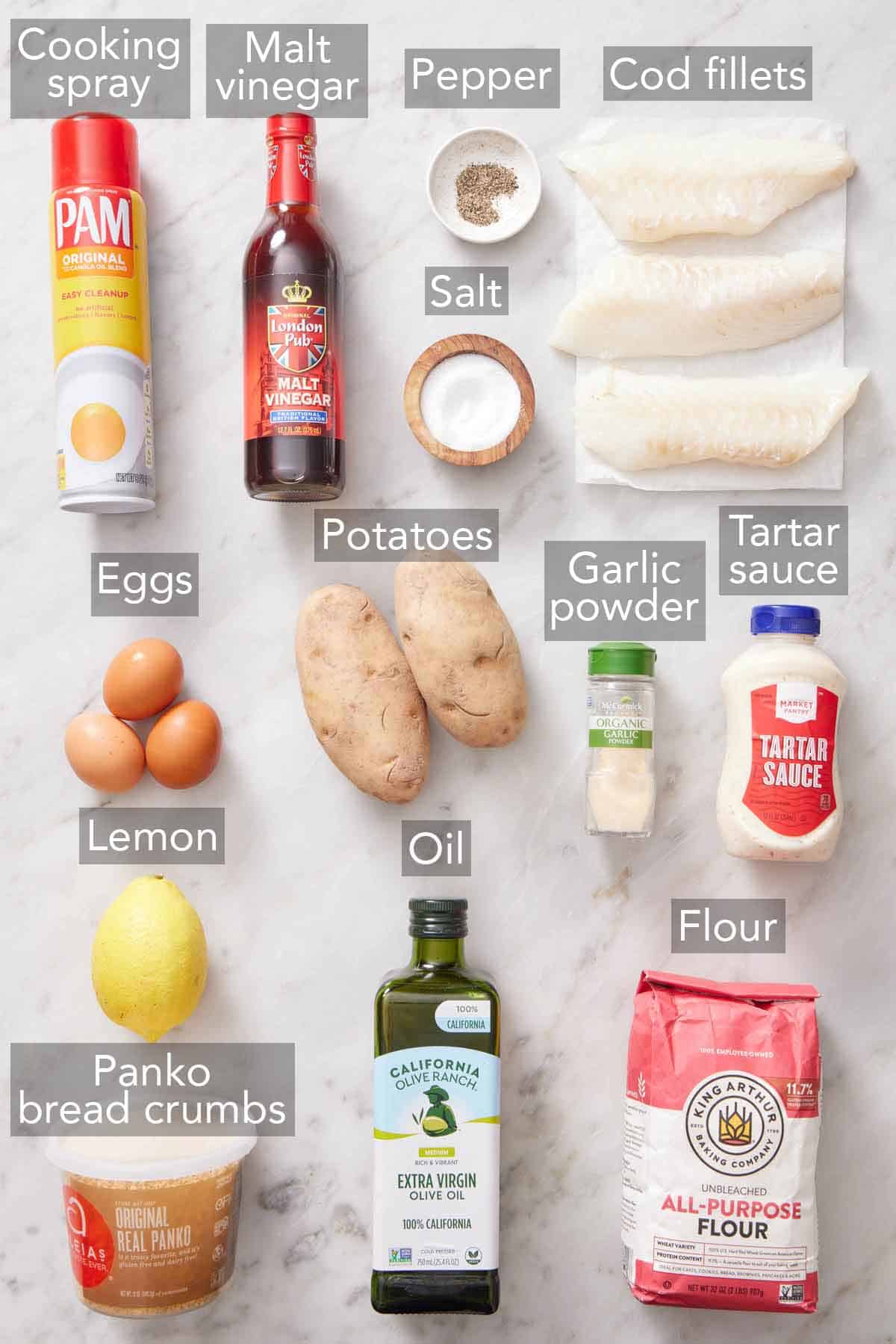 Ingredients needed for air fryer fish and chips.