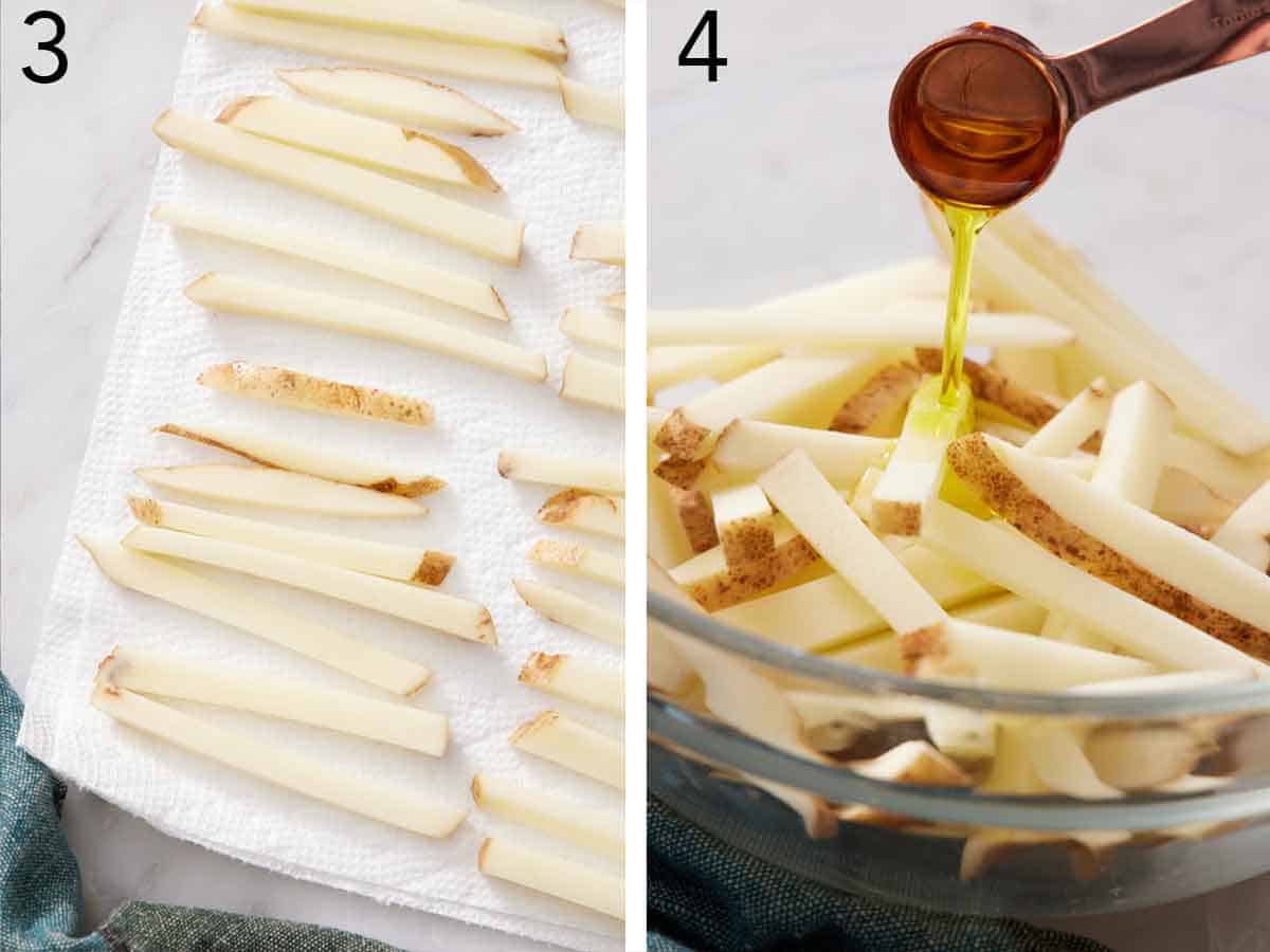 Set of two photos showing the cut potatoes dried and coated in oil.