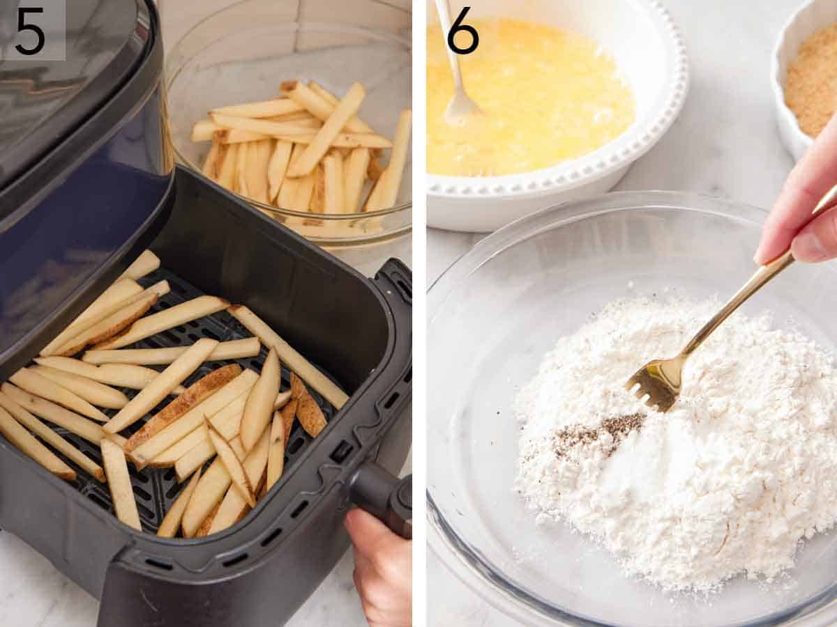 Set of two photos showing the fries air fried and salt and pepper mixed into a bowl of flour.