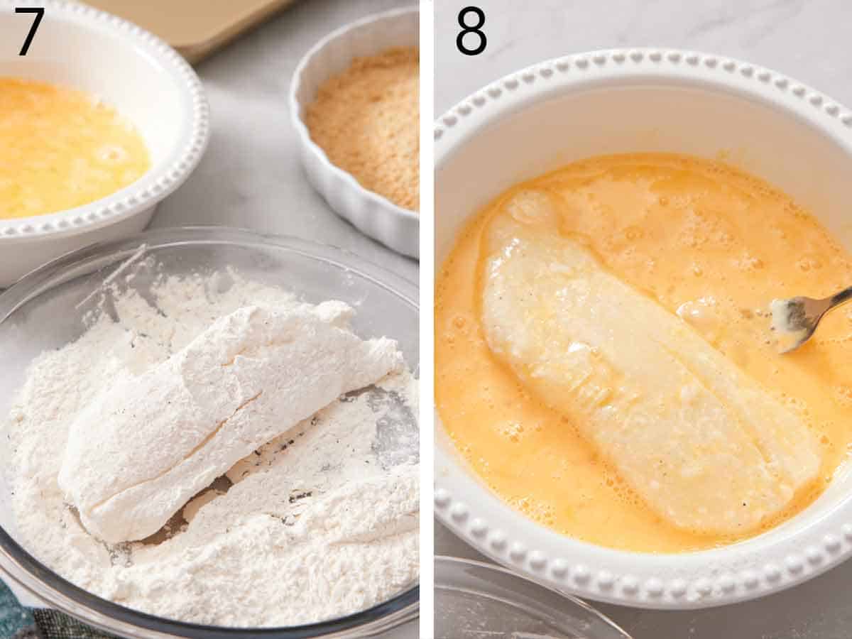 Set of two photos showing a cod fillet coated in flour then egg wash.