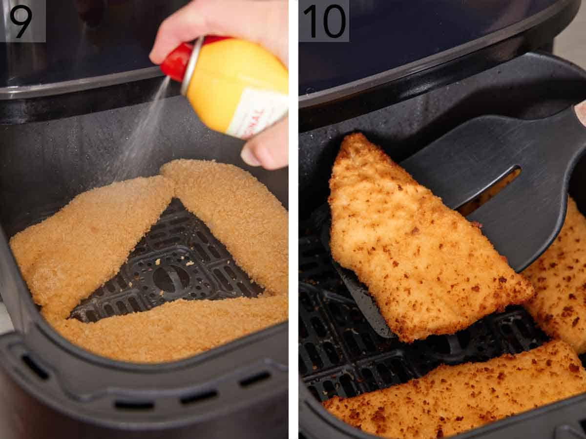 Set of two photos showing cod fillets sprayed with oil and then flipped in the air fryer basket.