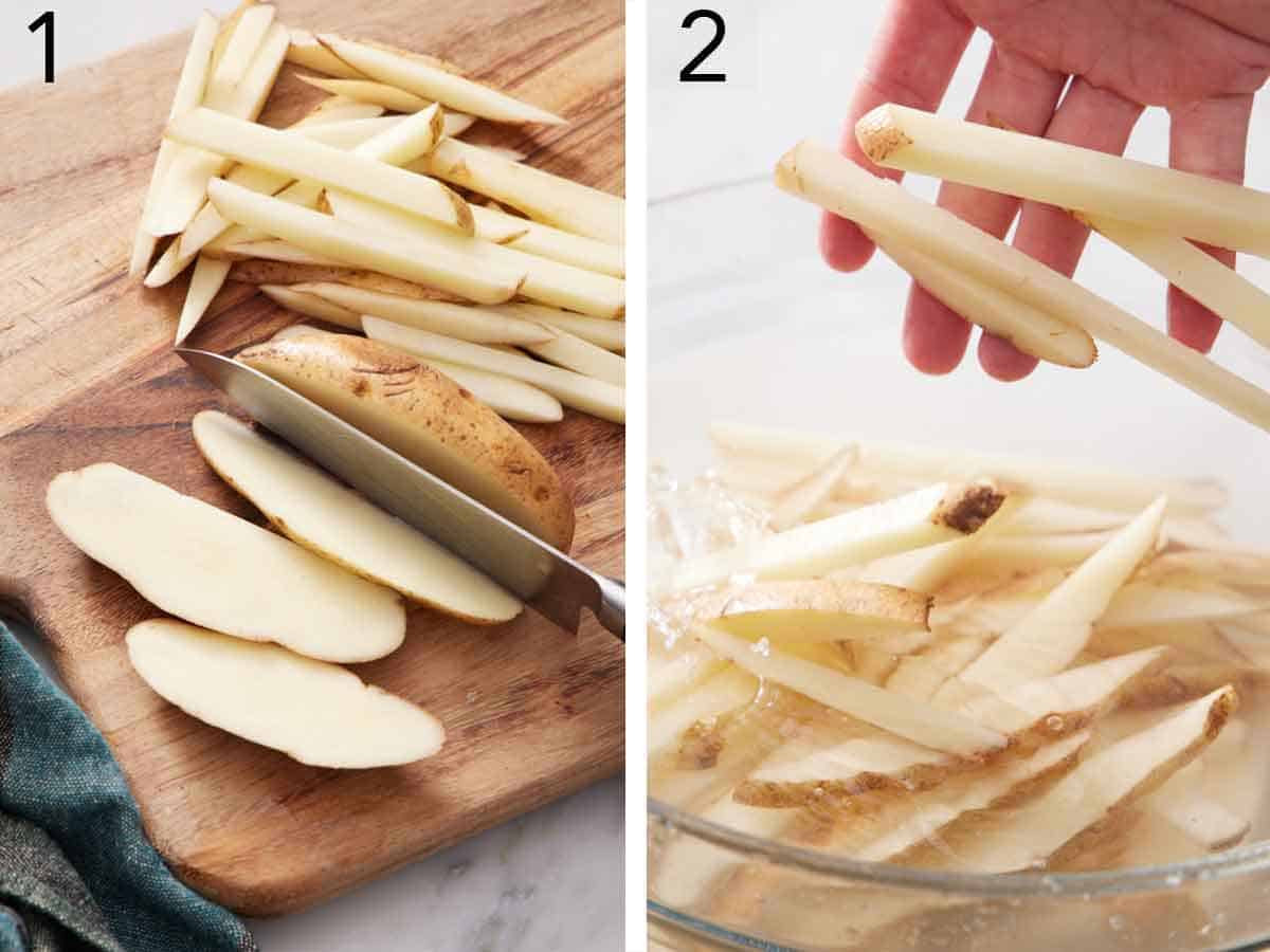 Set of two photos showing a russet potato cut and the potatoes soaked in water.