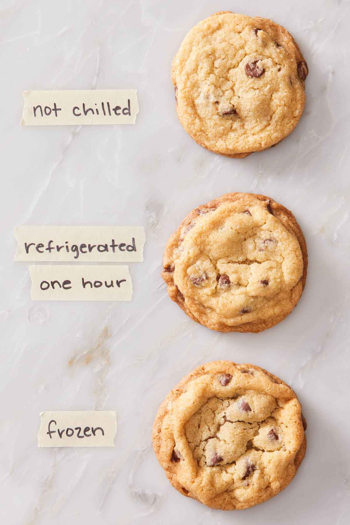 A photo showing three cookies and the differences between not chilling, refrigerated, and freezing the dough before baking.