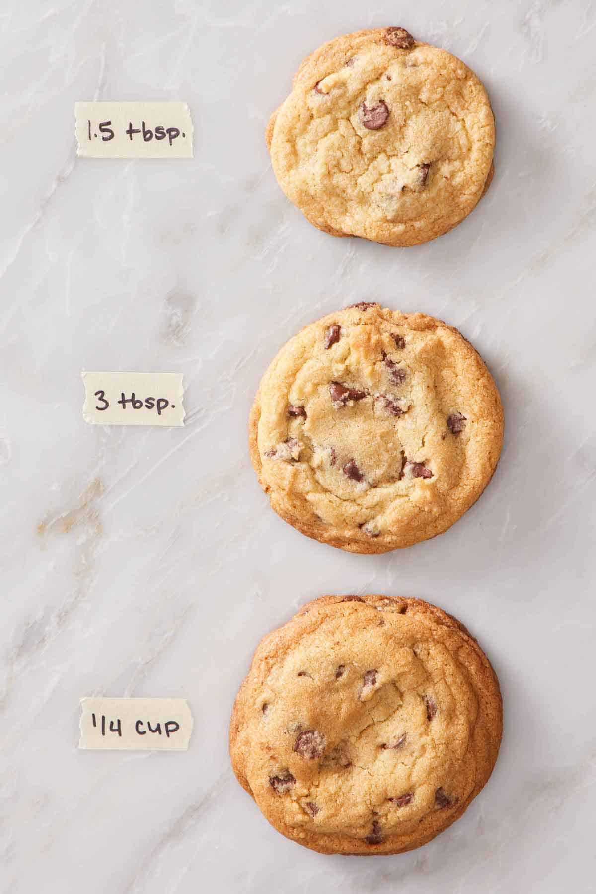 A photo showing three cookies and the differences between using different sized cookie scoops.