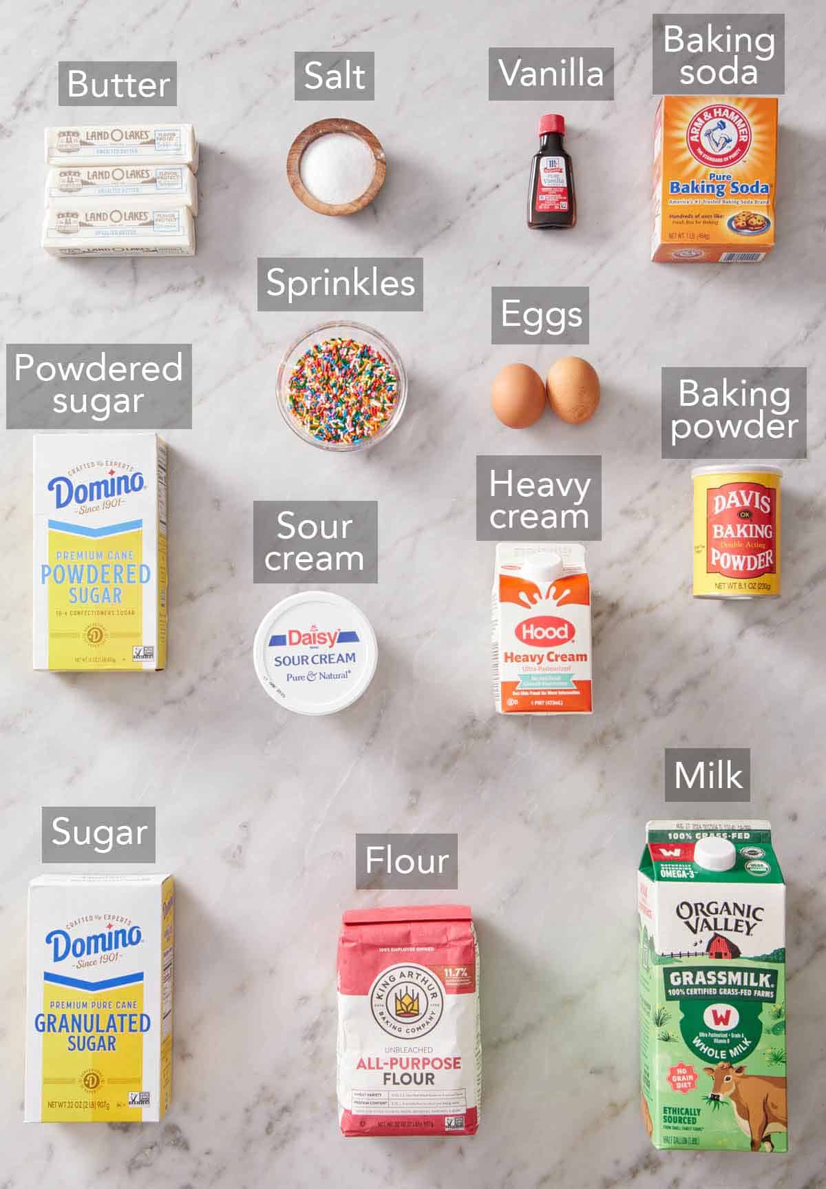 Ingredients needed to make funfetti cupcakes.