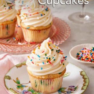 Pinterest graphic of a funfetti cupcake topped with frosting and rainbow sprinkles. More funfetti cupcakes in the background and a small bowl of sprinkles.