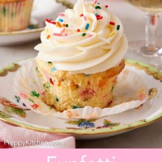 Pinterest graphic of a funfetti cupcake on a plate with the paper liner pulled down.