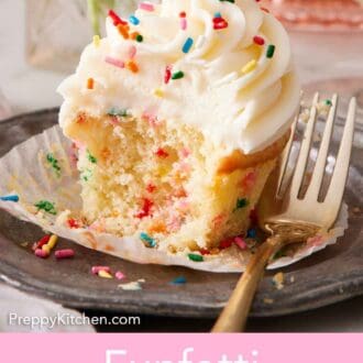 Pinterest graphic of a funfetti cupcake topped with frosting and rainbow sprinkles with a bite taken out and the paper liner pulled down with a fork on the side.