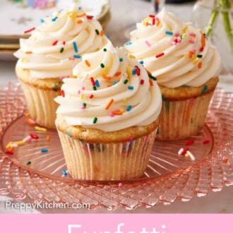 Pinterest graphic of a plate with three funfetti cupcakes with frosting and rainbow sprinkles.