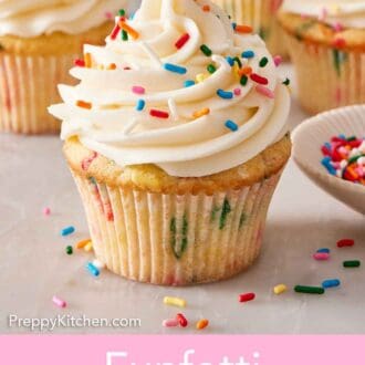 Pinterest graphic of a funfetti cupcake topped with frosting and rainbow sprinkles. A small bowl of sprinkles on the side and more cupcakes in the background.