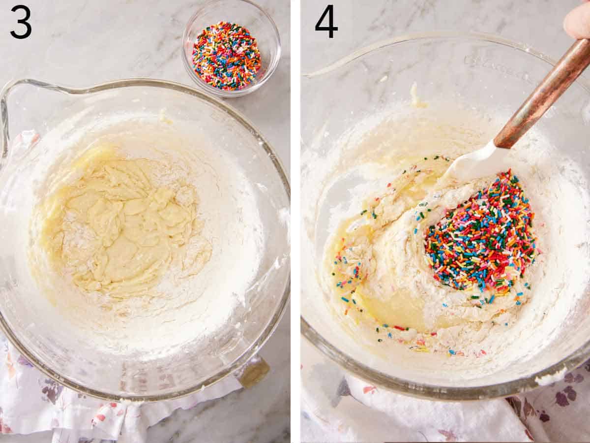 Set of two photos showing dry ingredients added to the mixer and rainbow sprinkles folded in.