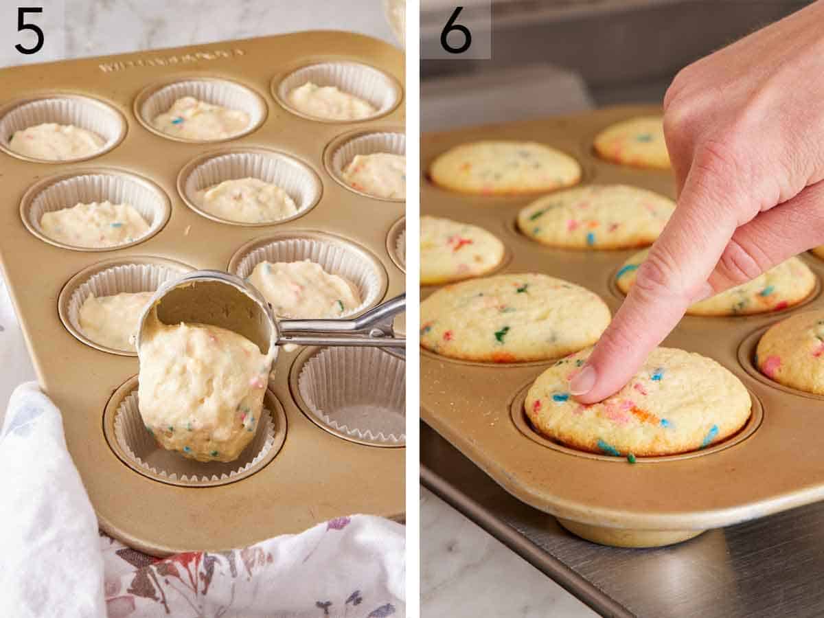 Set of two photos showing batter scooped into a lined-cupcake tin and allowed to cool in the tin after baking.