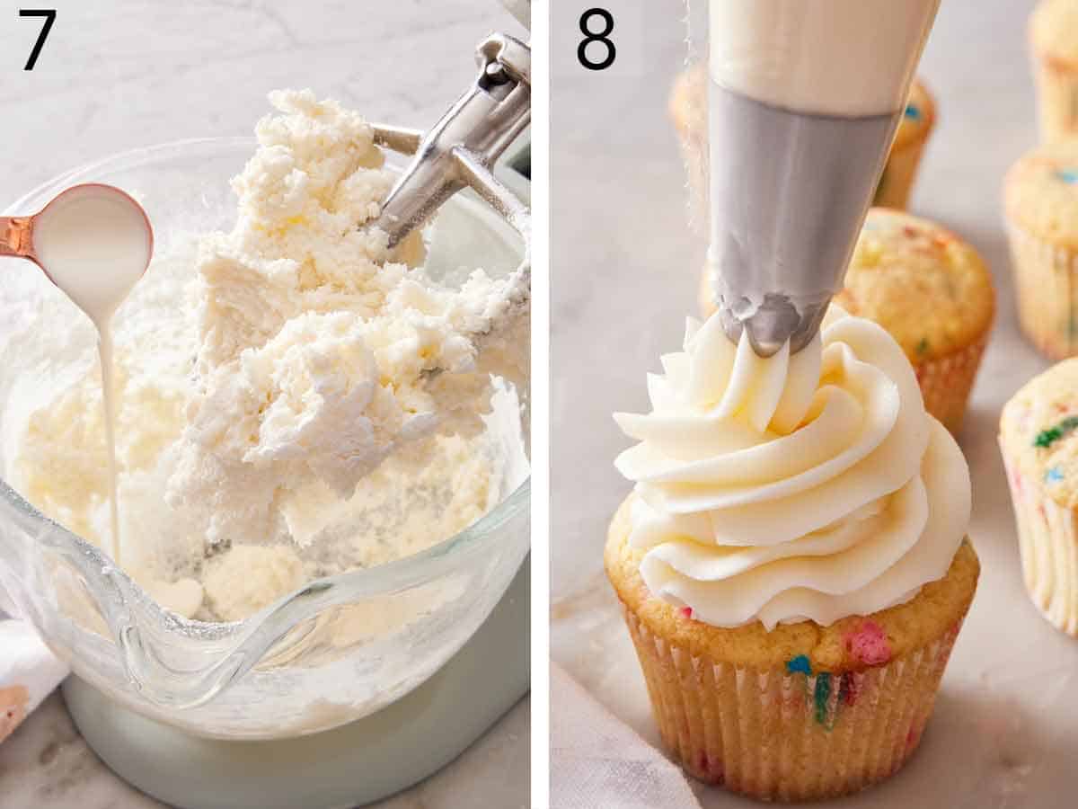 Set of two photos showing milk addd to the mixer to make frosting then piped over the cupcake.