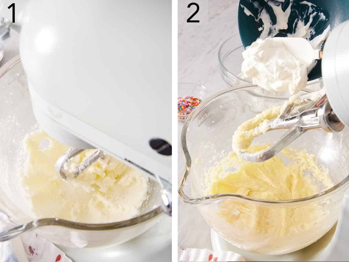 Set of two photos showing butter creamed in a mixer and sour cream added.