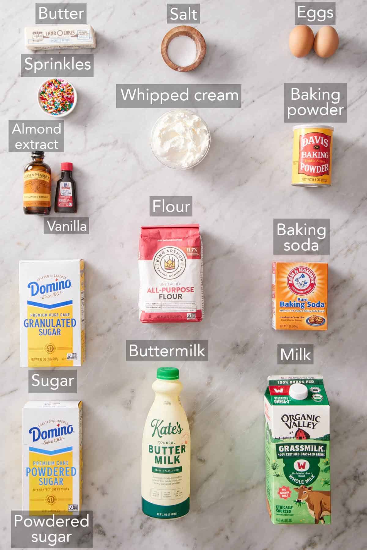 Ingredients needed to make funfetti pancakes.