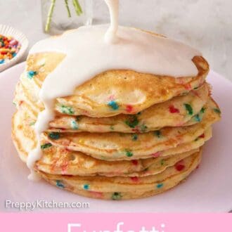 Pinterest graphic of icing poured over a stack of funfetti pancakes.