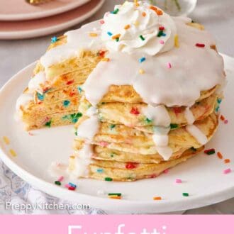 Pinterest graphic of plate of a stack of cut funfetti pancakes topped with a dollop of icing and whipped cream with sprinkles.