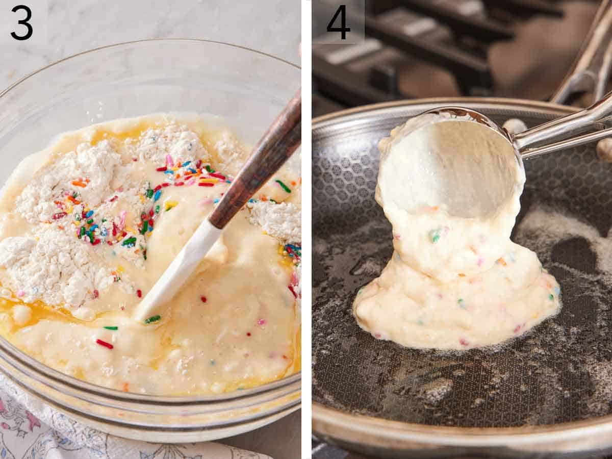 Set of two photos showing wet and dry ingredients combined and batter scooped into a skillet.