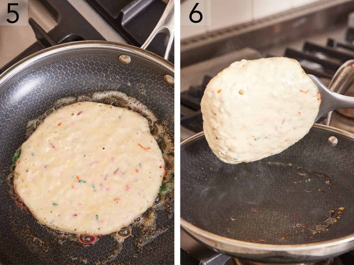 Set of two photos showing batter cooked and flipped in the skillet.