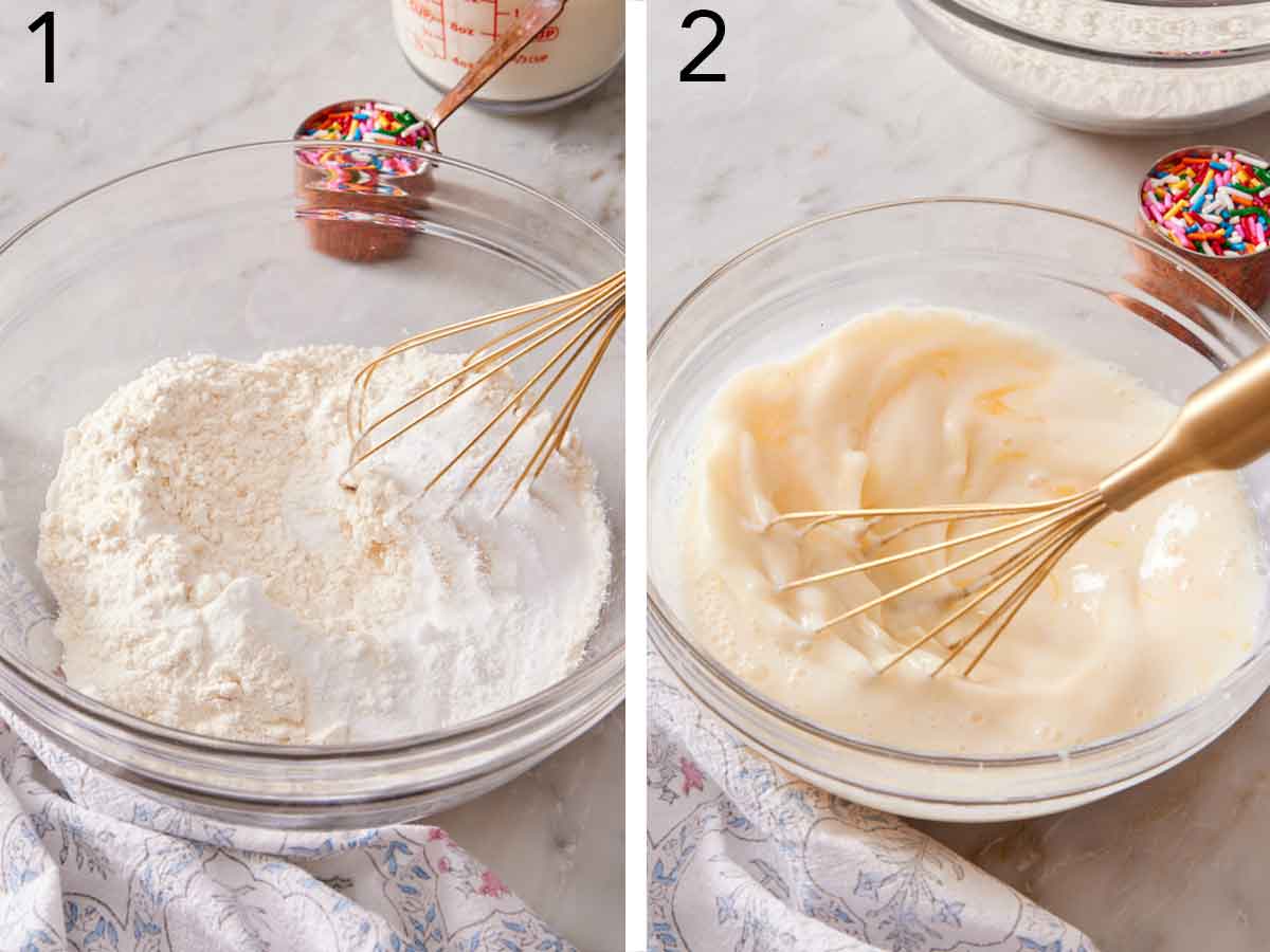 Set of two photos showing dry ingredients whisked in a bowl and wet ingredients whisked in another.