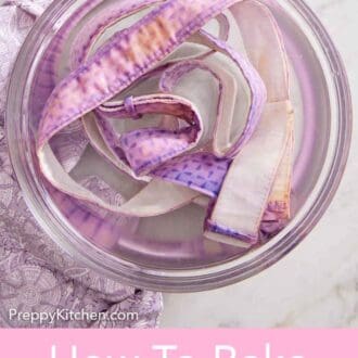 Pinterest graphic of fabric cake strips in a bowl of water.