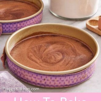 Pinterest graphic of baking pans with chocolate cake batter with fabric cake strips wrapped around them.