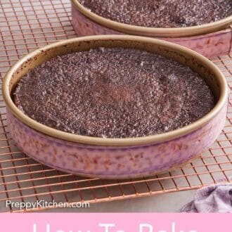 Pinterest graphic of two baking pans of perfectly baked cake layers in baking pans wrapped in fabric cake strips.