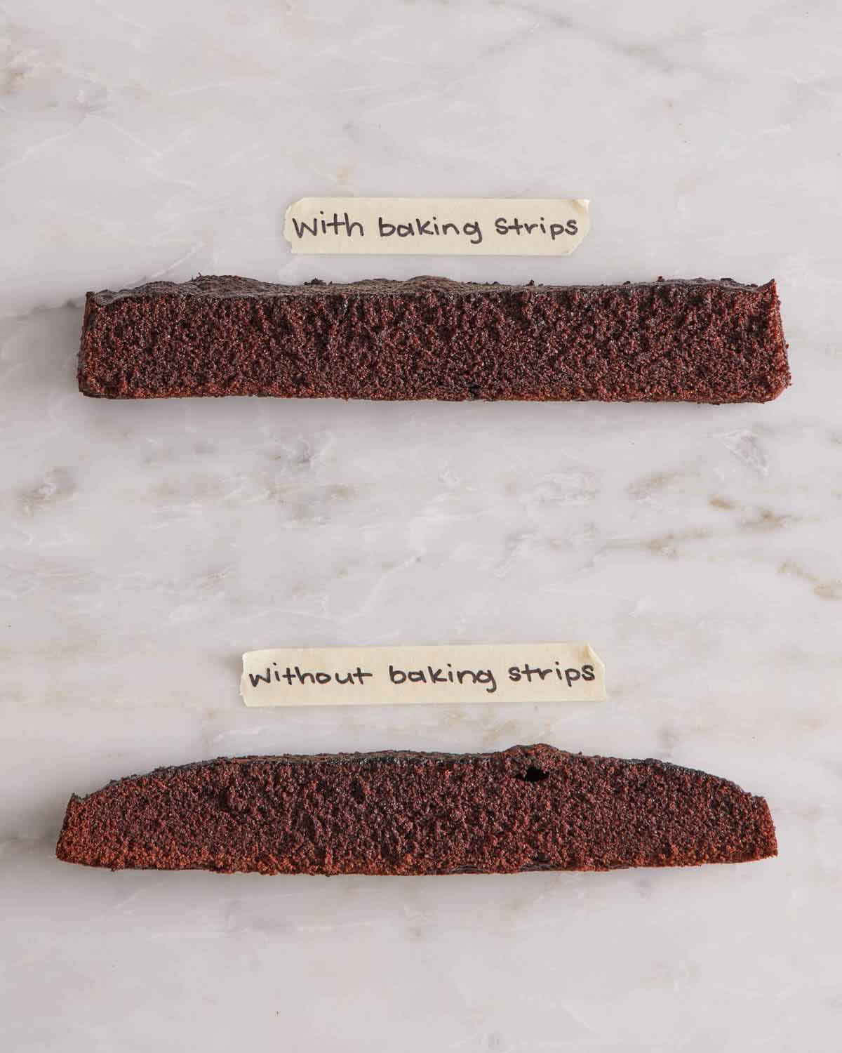 Two pieces of cake showing the dome and flatness of using and not using baking strips.