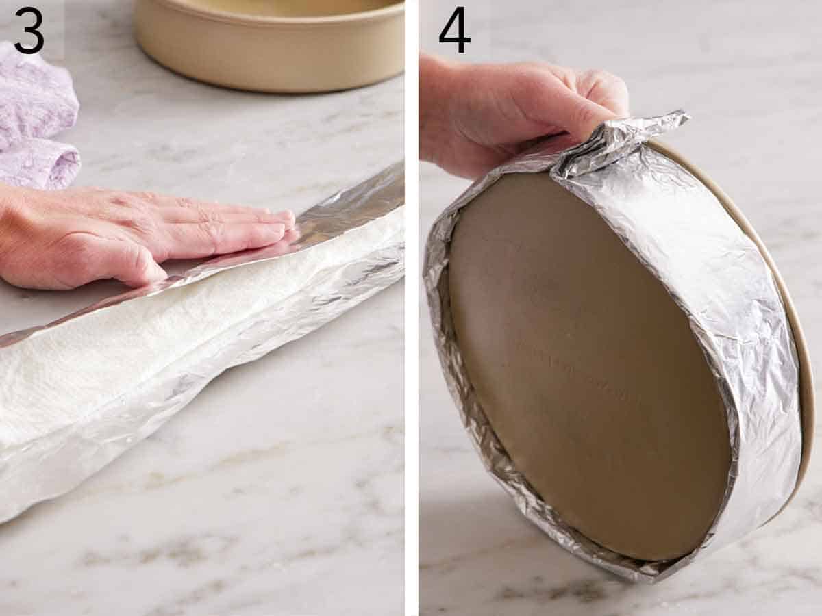 Set of two photos showing paper towels wrapped in foil and wrapped around a baking dish.