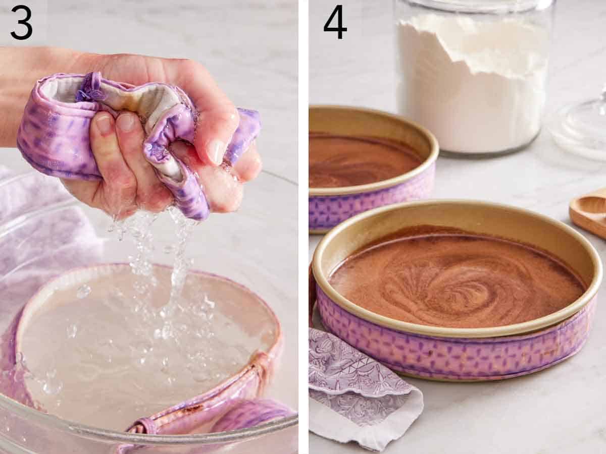 Set of two photos showing water squeezed out of the cake strips and wrapped around a baking dish.