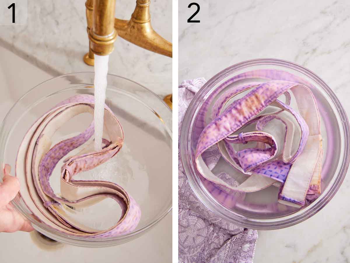 Set of two photos showing cake strips soaked in water.